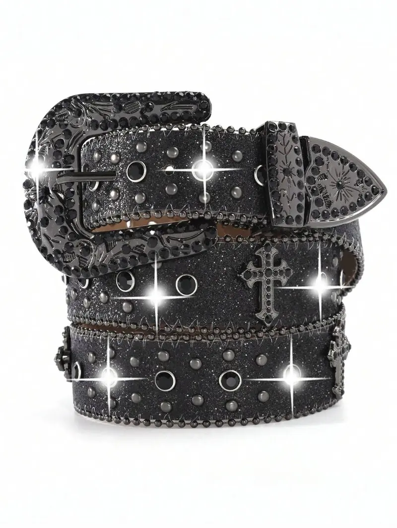 1pc Women\'s Black Pu Hollow Out Western Style Metal Grommets Round Buckle Belt Double Grommet PU Leather Punk Belt for Women Men Jeans 2  main image 3