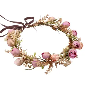 Boho Sweet Girl Flower Crown - Golden Leaf Purple Flower Headband for Weeding, Birthday Party, , Dress Up, Masquerade