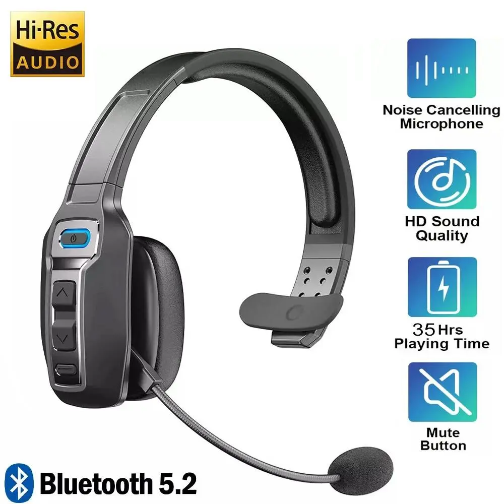 Trucker Bluetooth 5.2 Headset with Noise Cancelling Mic, AI-Powered 99% Noise Reduction, 60H Working Time, 33FT Wireless Range, Adjustable Design, Fast Charging, Comfortable for Truckers, Job Sites, Phones, PC