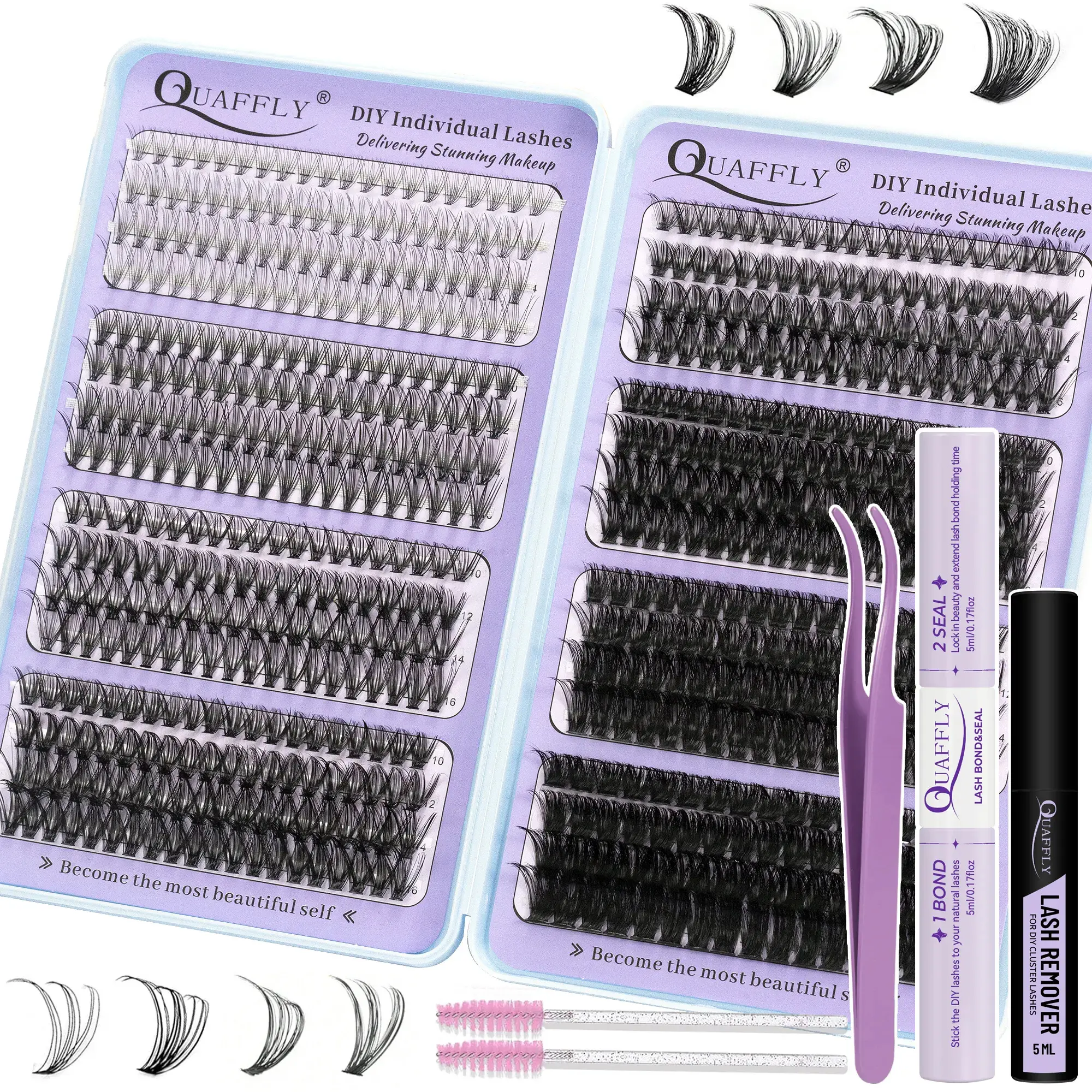 QUAFFLY 8 Style lash Kit, 616 pcs D Curl 10-16mm, Multiple Individual Eyelash Types With lash Bond And Seal, lash Remover, lash Tweezers, DIY At Home
