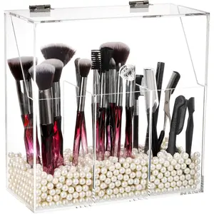 Makeup Brush Holder with  Lid, White ,  Clear Makeup Brush Organizer with 3 Compartment, Large  Brush Storage Box Case for , Bathroom, Bedroom