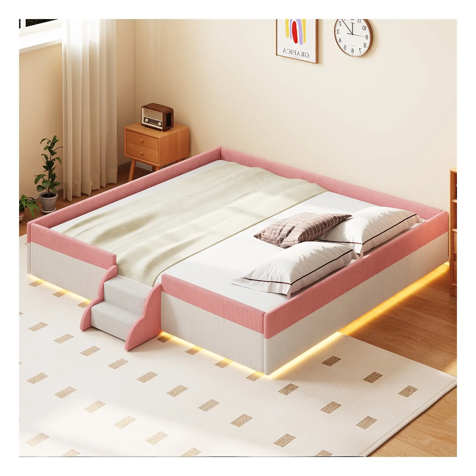 Twin/Full/Queen/King Size Upholstered Low-Profile Floor Bed Frame with LED Lights, Guardrails and Heavy-Duty Construction, Brown/White/Pink
