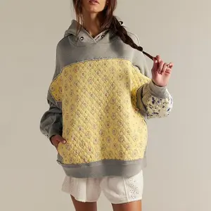 Women's Hooded Embroidery Patchwork Sweatshirt Pullover Comfortable Casual Long Sleeve Black Printed Top