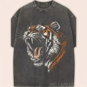 Men's Heavy Washed Retro Tiger T-Shirt Oversized Soft Cotton Breathable Streetwear Y2K Hip Hop Graphic Tee Loose Fit Casual Summer Outfit Ideas Gift for Men