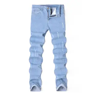 Cotton Ripped Jeans for Men, Slim Fit Light Blue Denim Trousers with Breathable Design
