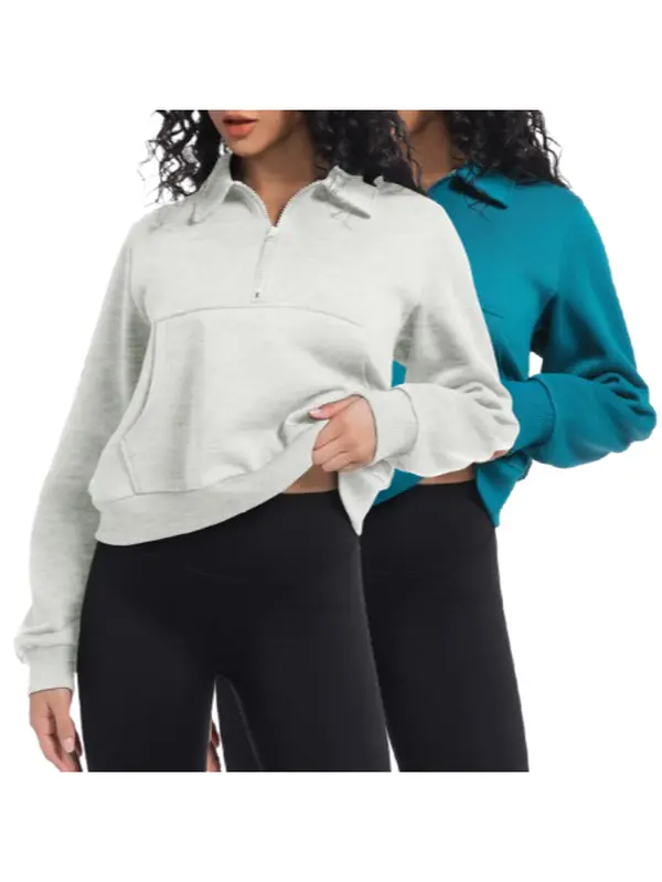 VYLAGO Women's Trendy Cropped Quarter-Zip Hoodie, Light Fabric Casual Garment, Stylish Sweatshirt with Kangaroo Pocket