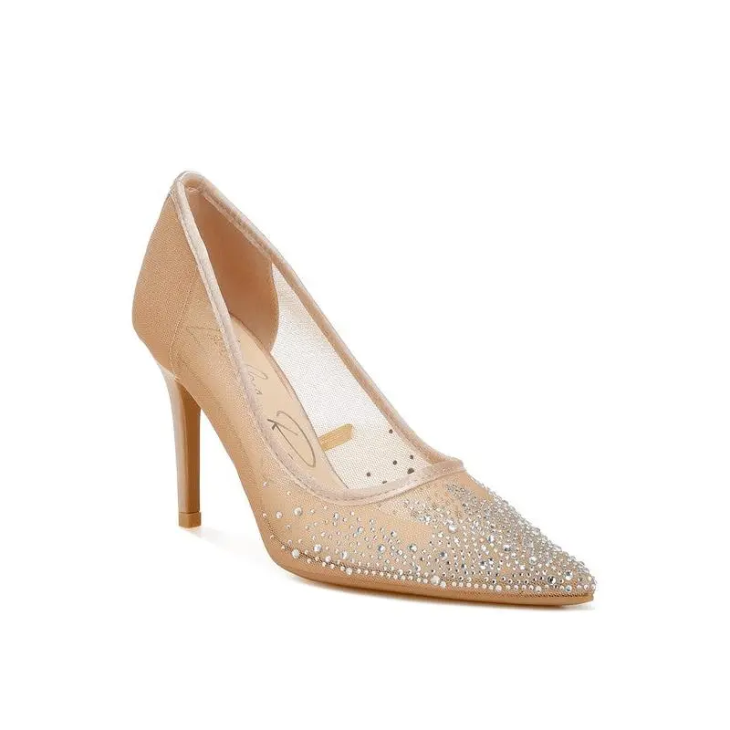 High Ball Mesh Rhinestone Stiletto Pumps