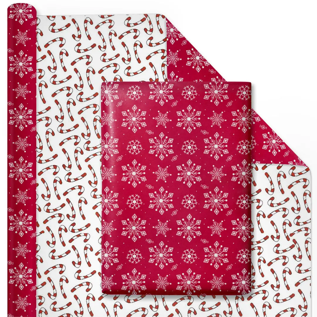 30" x 10' Reversible Gift Wrapping Paper, Double Sided Gifts & Wrapping Supplies with Festive Assorted Snowflake-Red/Multi Candy Cane Prints