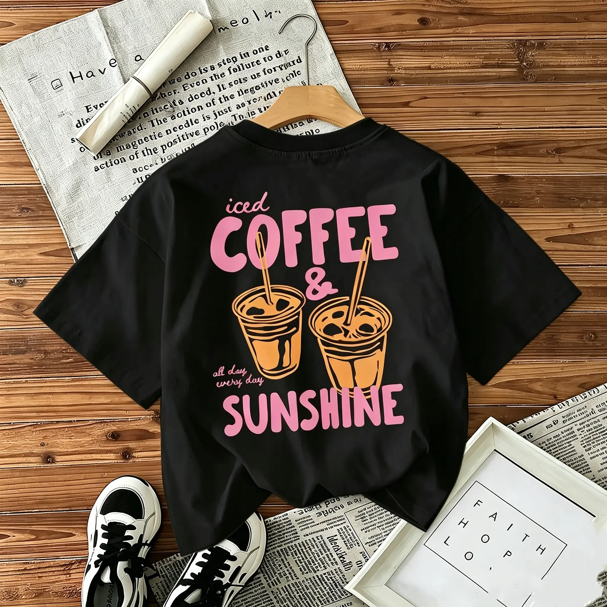 Women's Casual Graphic T-Shirt with "Iced Coffee and Sunshine" Print, Short Sleeve Round Neck Top for Coffee Lovers, Lady