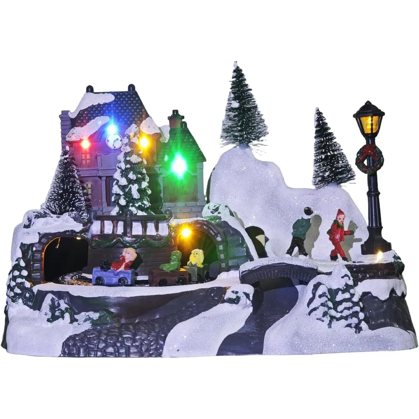 Christmas Village Houses - Colorful Animated Scenes with Rotating Roller Coaster & Skater, Musical Christmas Village Display Collectible Building for Xmas Indoor Decoration