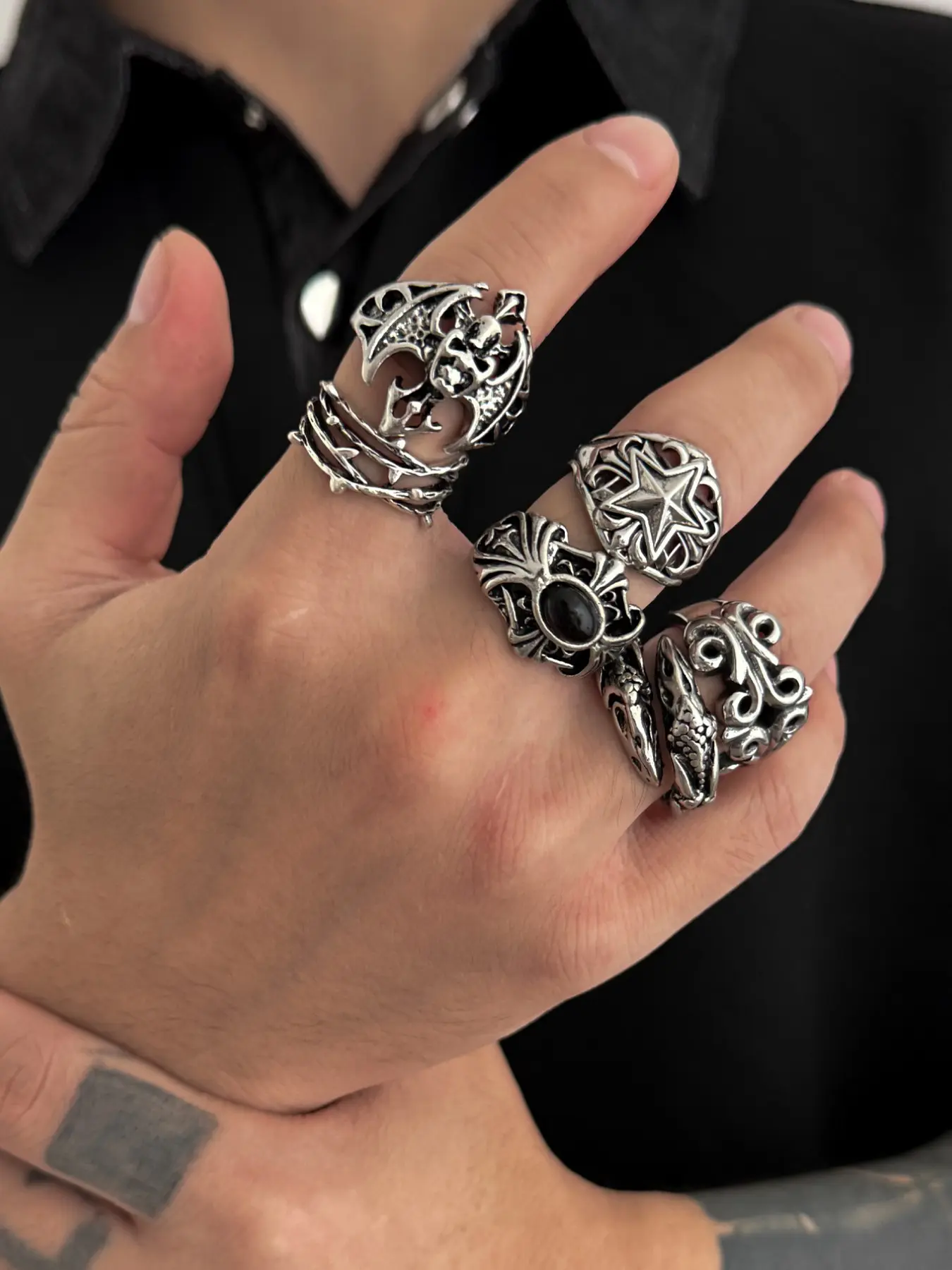 Vintage Silver Color Totem Stacking Ring Set, Starburst Dragon Pattern Gemstone, Men's Unique Fashion Jewelry Collection, Punk Style Ring, Statement Rings, Jewelry Gifts, Stackable Finger Rings