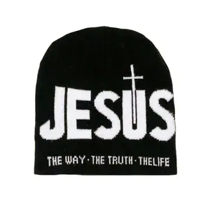 Y2K Letter Jacquard Beanie Hat Unisex Cross Heart Print Soft Stretch Warm Winter Knit Cap Streetwear Outdoor Cold Weather