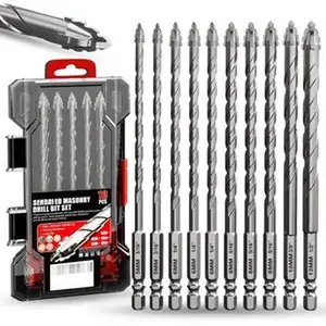 Upgraded Masonry Drill Bit Set 6''(152mm) Length,Serrated Concrete Drill bit Set - (3/16"-1/2") 10- Professional Carbide Drill Bits for Concrete, Tile, Brick, Glass, Ceramic, , and Plastic