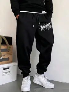 Men's Plus Size Gothic Style Print Drawstring Jogger Pants, Bold Patterns, Long Length, Drawstring Closure, Loose Fit, Casual Fashion, Comfortable and Stylish, Perfect for Outdoor Wear