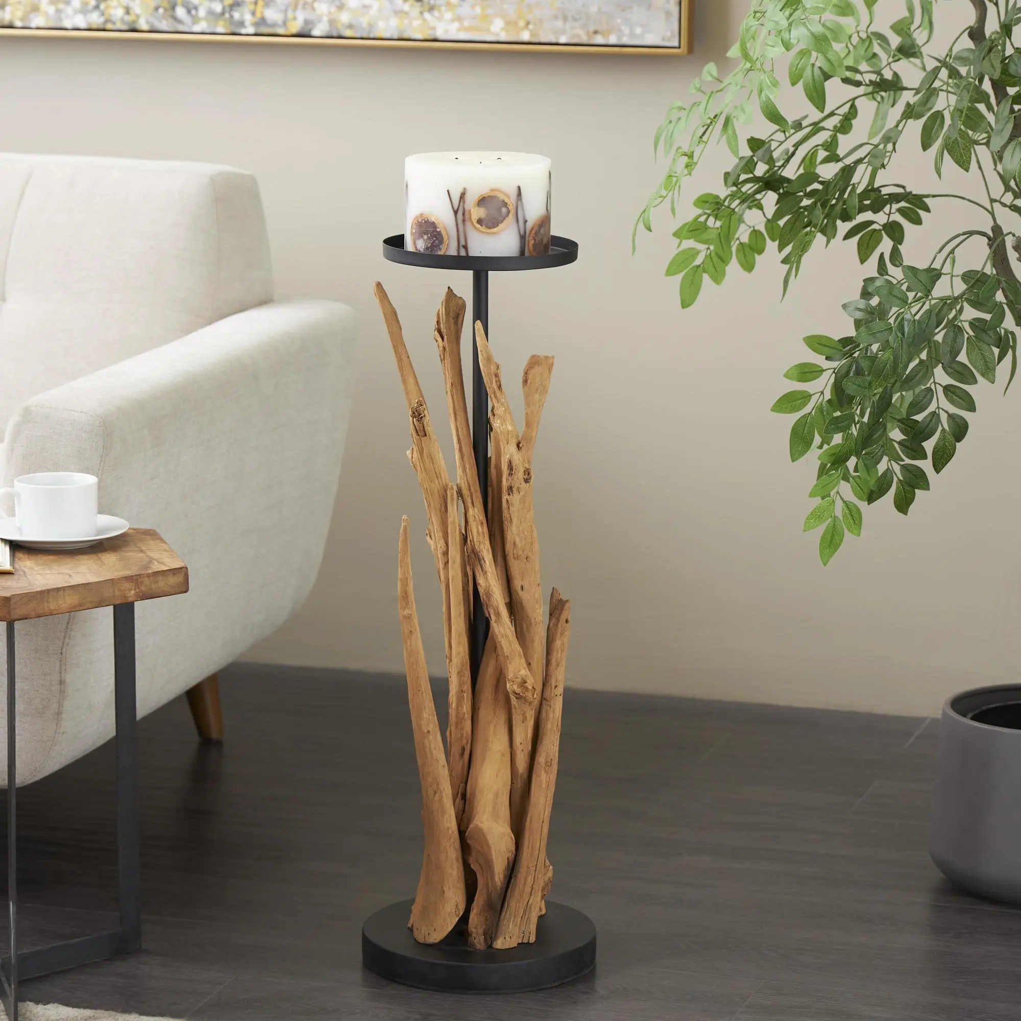 Handmade Brown Teak Wood Tall Tree Branch Floor Candle Holder - Black Iron Accents, 9.9x9.9x30.5in Rustic Traditional Round Pillar Holder, Non-Slip Rubber Base Home Supplies Centerpiece, Warm Organic Table Decor, Ideal Gift for Home Enthusiasts