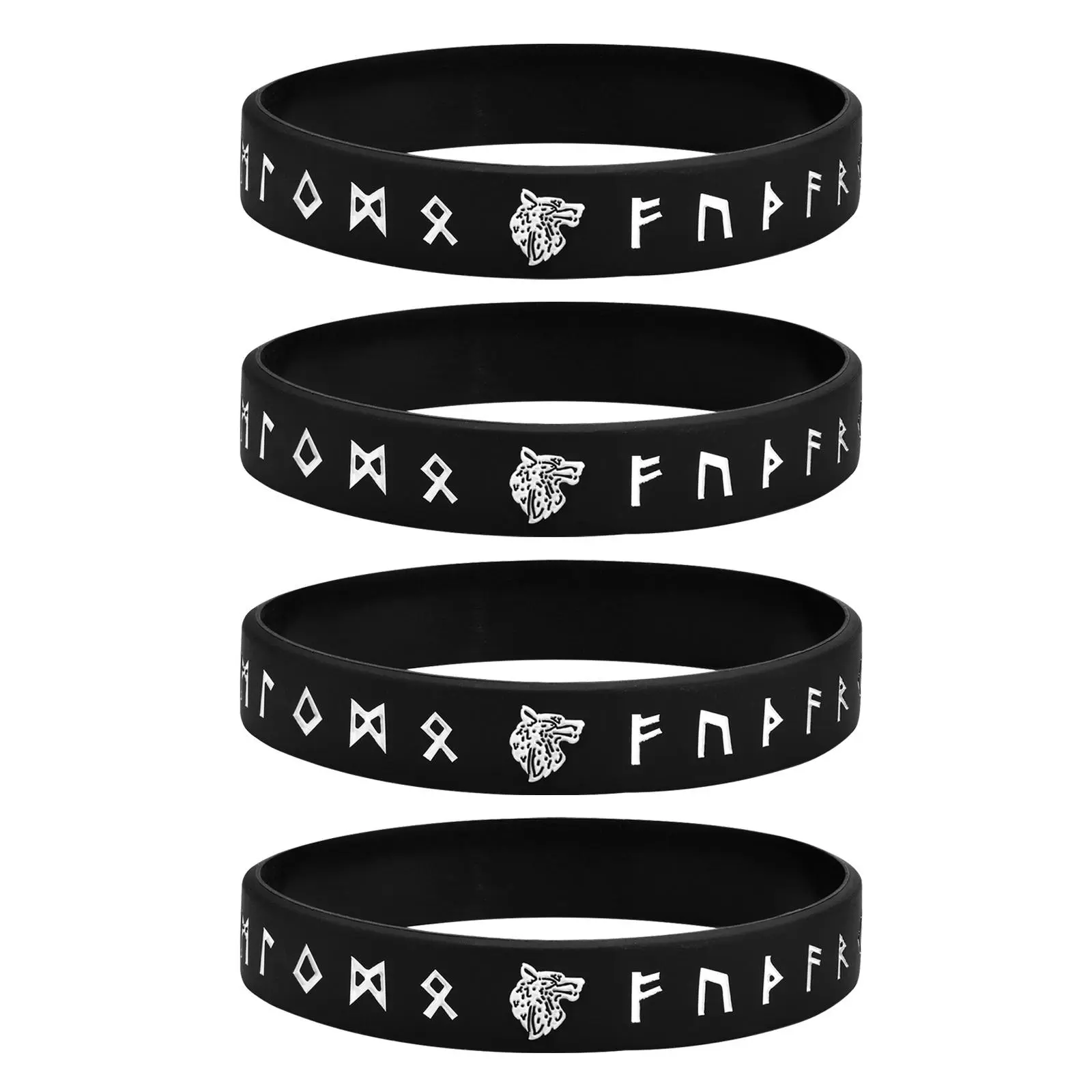 Vnox 1/2/3/4 Pcs Norse Viking Wolf Bracelet for Men,Black/White Nordic Runes Silicone Rubber Band Wristband Bangle,Comfort Fit