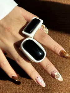 2pcs/Set Retro Black & White Geometric Wide Resin Rings, Vintage Ring Set, Gift For Friends Marquise Wedding Bands