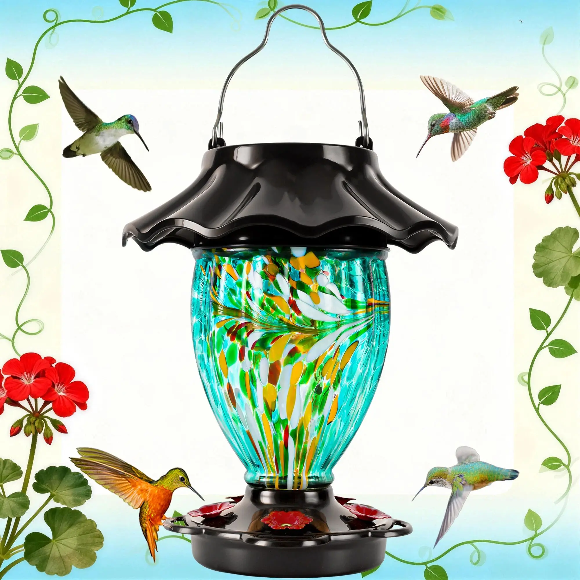 LUJII Solar-Powered Color-Changing Hummingbird Feeding Tool - Hand-Blown Glass Reservoir, 32 fl.oz Leakproof, RGB Lights Illuminated Lantern, Outdoor Garden Decor, Christmas Gift for Bird Lovers