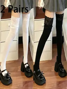 2 Pairs Lace Trim Over-The-Knee Socks for Women, Soft Breathable Cute Fit Long Calf Socks, Perfect for Lolita, Dates, Gifts, Jk Uniforms, All Seasons