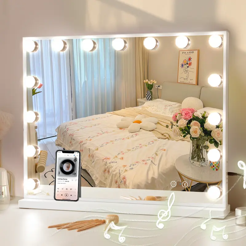 VANITII 23"×18" Rectangular LED Vanity Mirror - Home Decorative Illuminated Multifunctional Mirror, 3 Light Temperatures, Bluetooth Speaker Ready, White Metal Frame, Adjustable Tabletop-Wall Mount for Bedroom, Led Mirror
