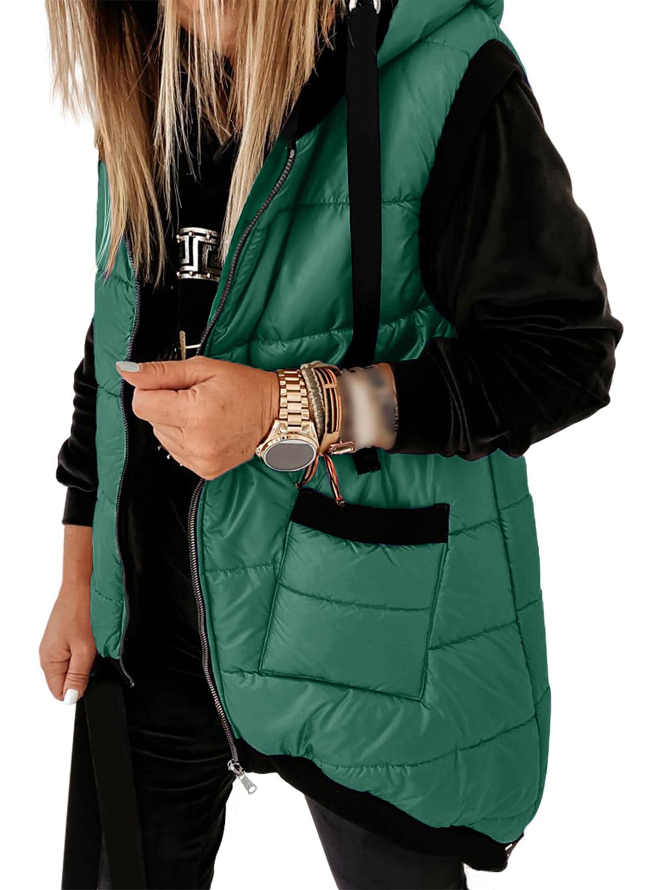 Aswulk Women Hooded Quilted Padded Vest, Thick Zip Up Sleeveless Jacket With Big Pockets, Front Short Back Long Casual Layering Gilet