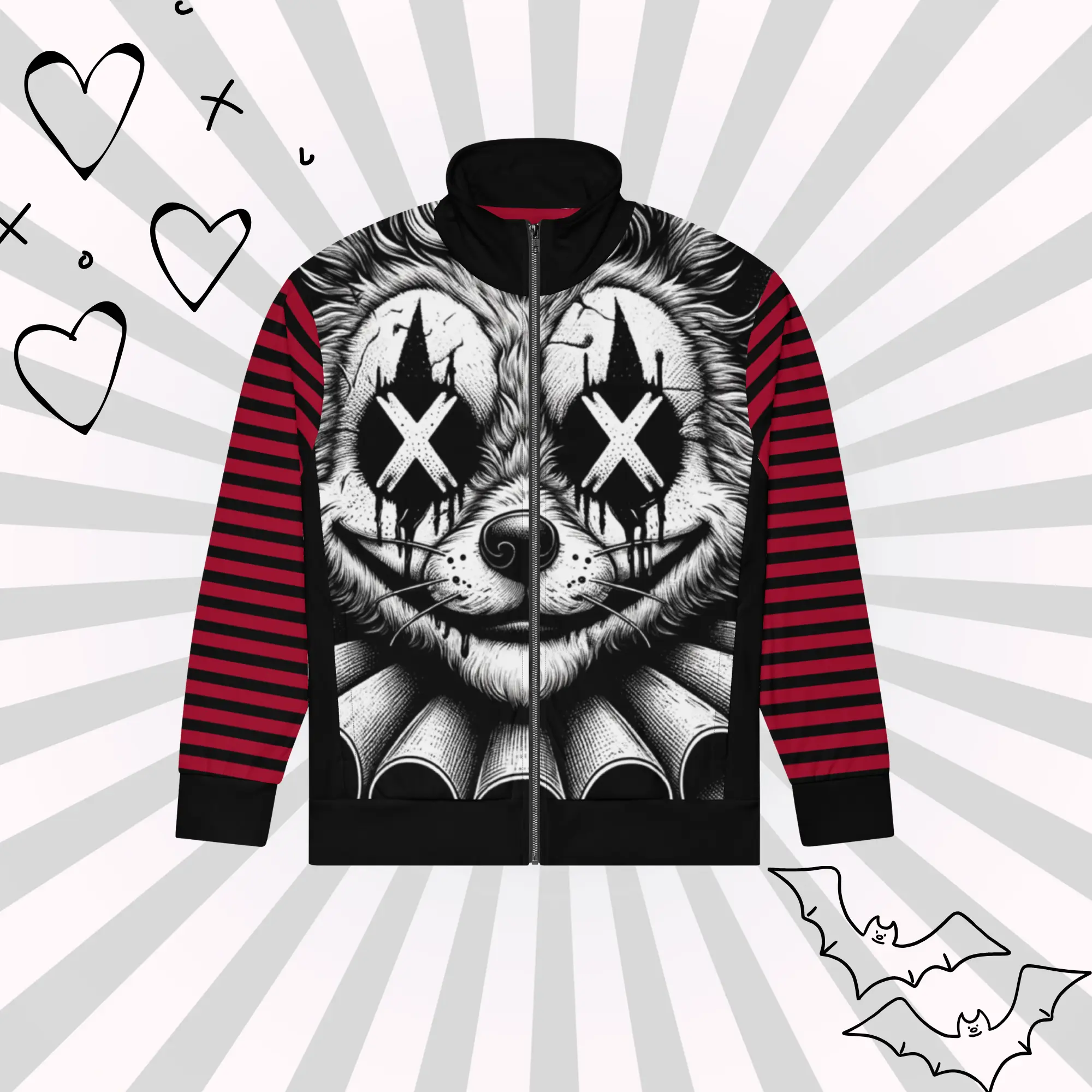 DreamSage Clown Cat Graphic Jacket Unisex Relaxed Fit 95% Recycled Polyester 5% Spandex Soft Cotton Feel GRS Certified Weirdcore Pastel Grunge Y2K Goth Designs