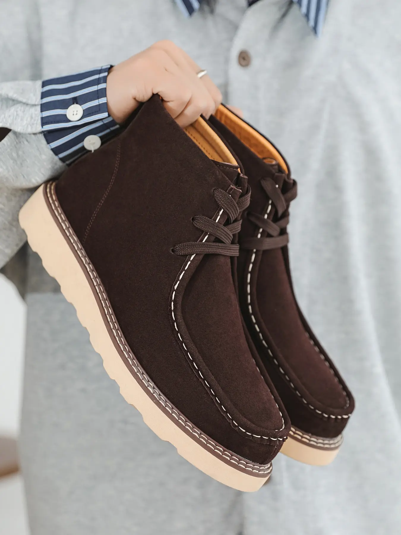 Men's British Style Mid-Calf Boots, Casual Boots with Laces, Comfortable High-Top Big Size Shoes for Fall Season, Lace Up Boot