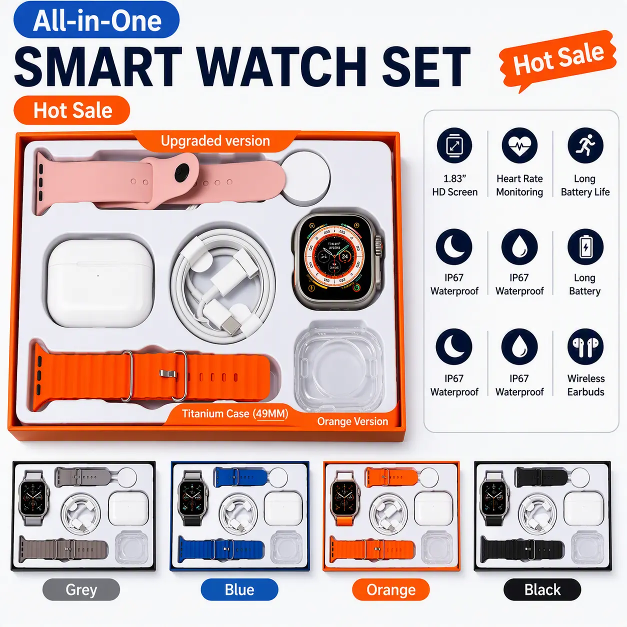 Smartwatch Accessory Bundle with Bluetooth Earbuds & Charging Cable, 2 Bands & Case, Tech Gift for Men Women Compatible with iOS Android Daily Commute & Workout Kit