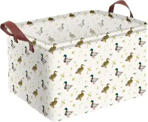 Cute Mallard Duck Waterproof Canvas Collapsible Storage Basket with Leather Handles, Duck Themed Room Decor Blanket Bin for Toy Storage, Ideal for Closets Bedrooms as Gift Storage Baskets