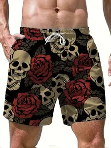 Men's Skull Rose Print Beach Pants, Summer Casual Short Swim Trunks, Quick-Dry Breathable Floral Trendy Swimsuit, Slim-Fitting Above Knee, Swimwear Shorts