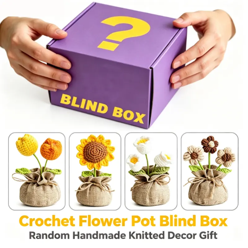 Handmade Crochet Flower Blind Box, Random Knitted Small Potted Plant, Cute Desk Decor Ornament, Surprise Gift for Birthday Mother's Day Christmas, 4 Styles Collectible Knit Flower Pot