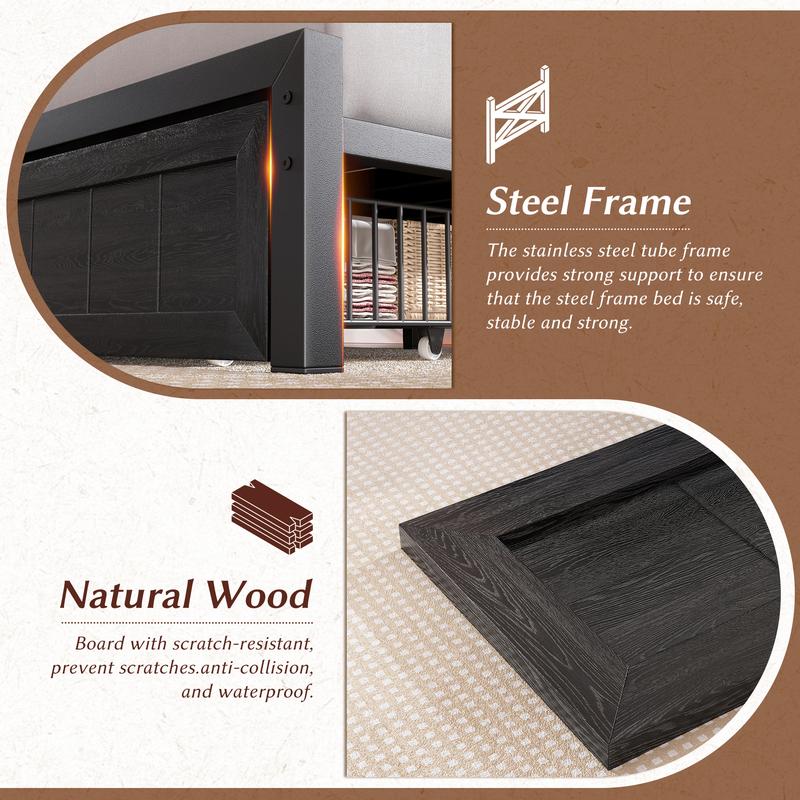 Raybee LED Bed Frame with Charging Station & 2 Drawers, No Mattress, Farm Style Full Queen King Size Bedframe with Headboard & 2 Wooden Drawers, Noise Free, Holds 900lbs, No Box Spring Needed