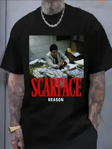 Men's Mask Movie Pattern T-Shirt, Tony Montana Inspired Design, Regular Fit 3D Print Short Sleeve, Casual Street Fashion