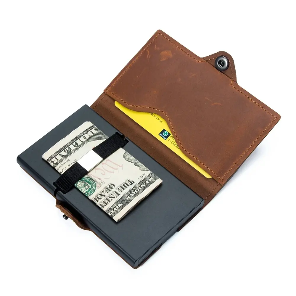 Vintage Crazy Horse Leather Card Wallet, RFID Secure Pop Up Aluminum Card Case with Coin Purse, Minimalist Slim Design