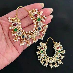 Chand Bali. Multi Color Earrings Gold-Tone with Red, Green, Blue Stones & Pearl Accents for Any Occasion.