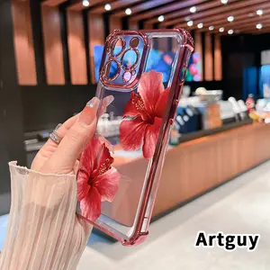 Four Corner Anti-Fall Hibiscus Blooms Pattern Phone Case for iPhone 16 Pro Max 15 Plus 14 13 12 11 E Shockproof Transparent Electroplated Protective Cover