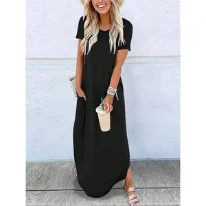 Women's Plain Pocket Round Neck Curved Hem Jersey Tee Dress Style, Casual Soft Short Sleeve Fit Long Dress for Summer, Ladies Clothes for Daily Wear