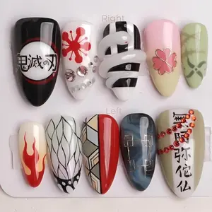 Anime Inspired Cosplay Press On Nails, Mixed Pattern False Nail Set with Fire, Floral and Geometric Designs