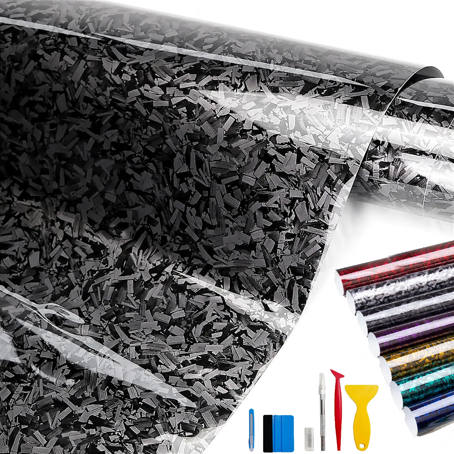 Forged Carbon Fiber Wrap, Gloss Black Vinyl Wrap for Cars Air Release Self Adhesive Sheet Film DIY Car Wraps Vehicle Morotcycle 1 Roll (Black with Tool Kits, 1FT x 5FT)