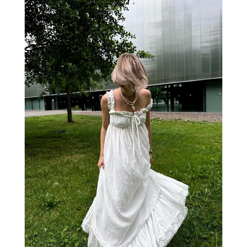 Women's Elegant White Tiered Cami Long Dress Lace Trim Ruffle Flowy Maxi Sundress Sleeveless A-Line High Waist Summer Dress