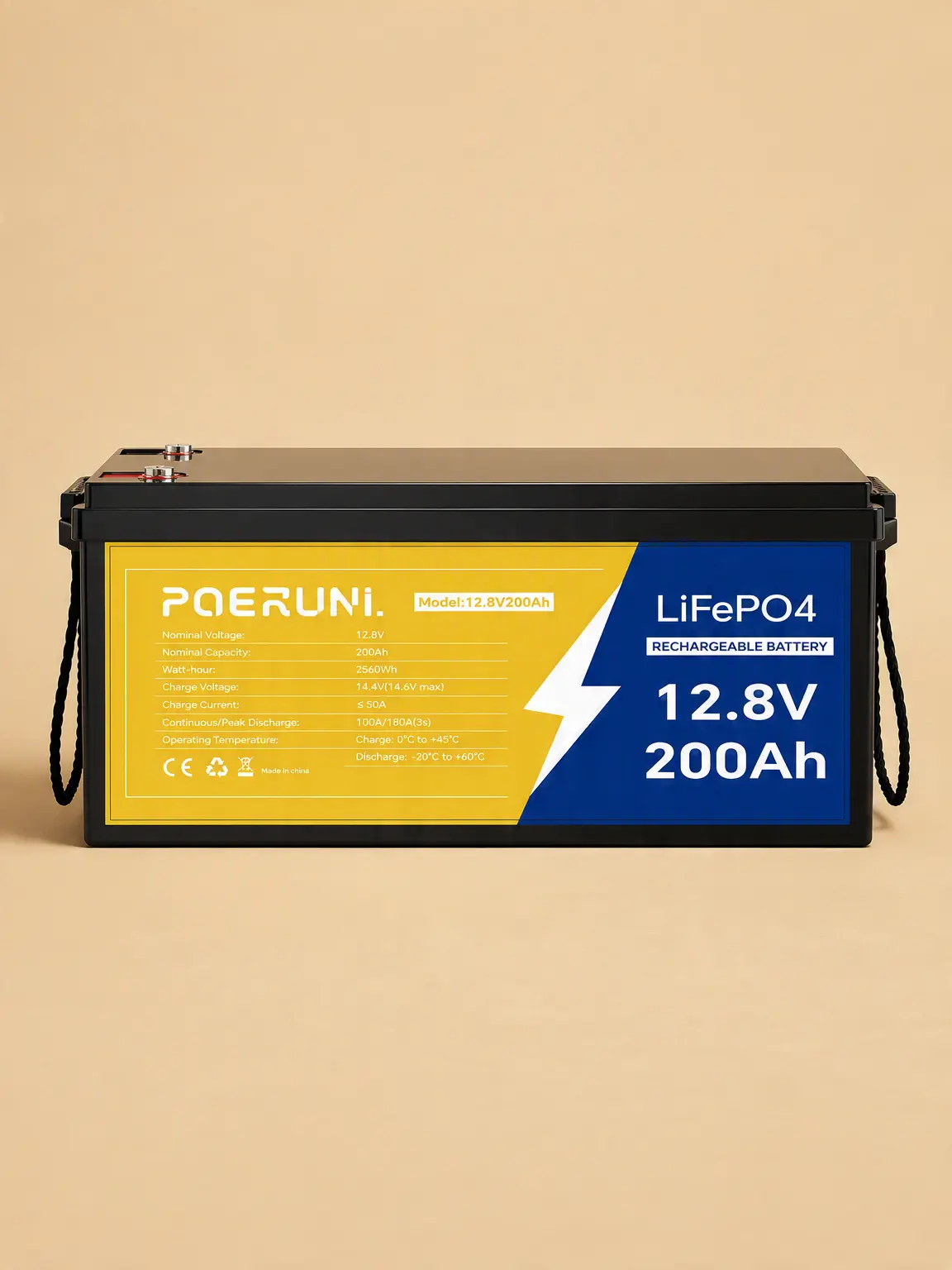 POERUNI 12V 200Ah LiFePO4 Lithium Ion Large Capacity Chargeable Portable Battery Pack - Deep Cycle BMS, P65 Waterproof, Automotive Grade, Over-Charging Protection, AC Power Supply for Marine Use