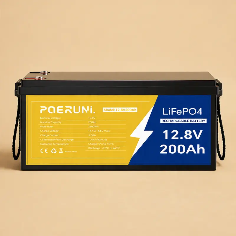 POERUNI 12V 200Ah LiFePO4 Large Capacity Rechargeable Portable Battery Pack - 12 v Deep Cycle BMS, P65 Rating Waterproof, Automotive Grade, Over-Charging Protection, AC Power Supply for Marine Use
