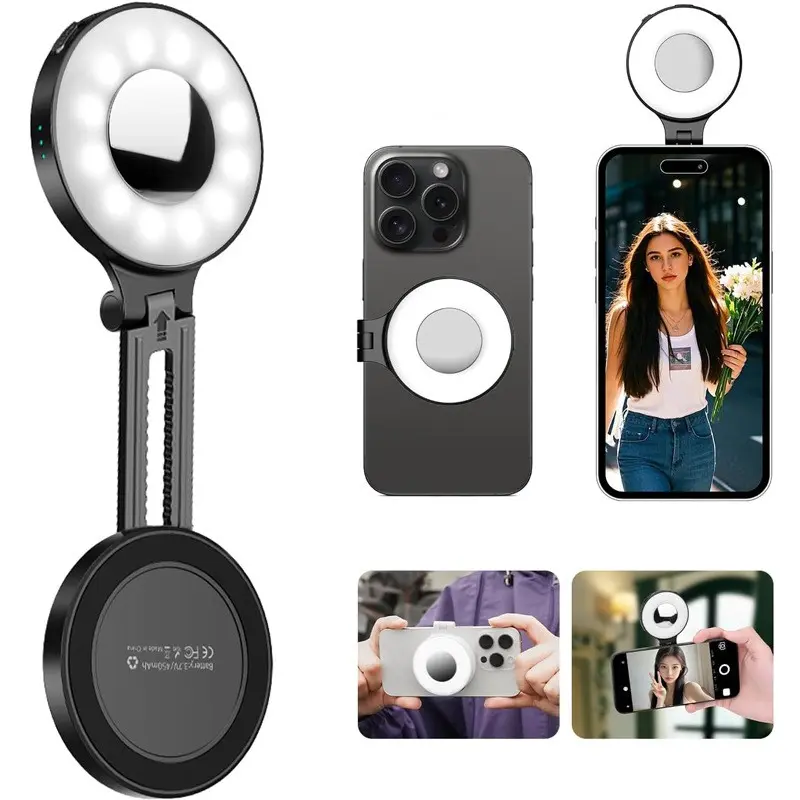 Magnetic Selfie Ring Light, Foldable Charging Clip-On Lamp, 3 Lighting Modes, Adjustable Brightness, Compatible with Magsafe, Portable Makeup Mirror, Selfie Rechargeable Fill Light, Selfie Accessories