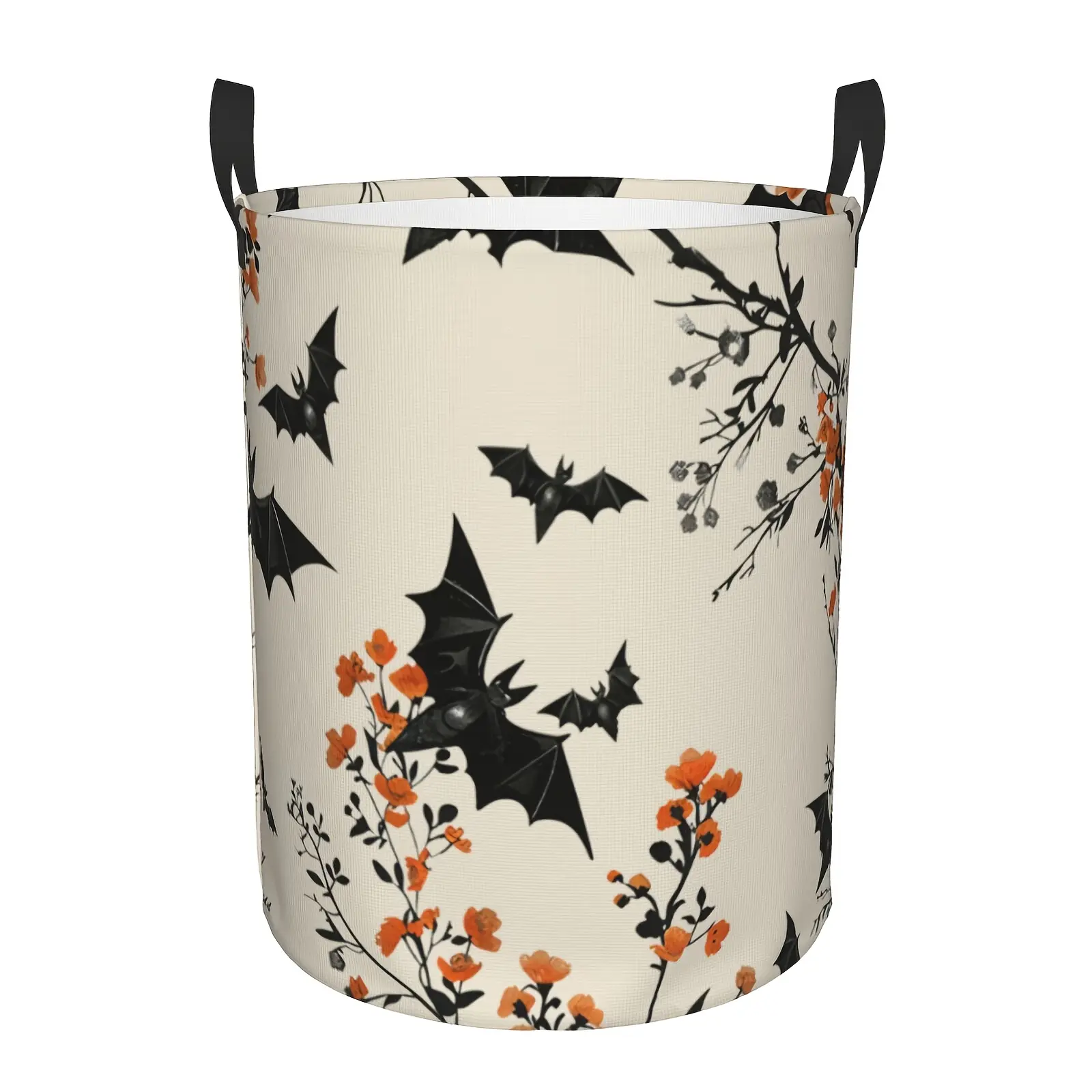 Extra Large Foldable Laundry Basket - Halloween Hamper with Bats, Stars & Floral pattern in Black/Orange/Beige, Heavy-Duty Folding Clothes Bin for Laundry,, Home Organization - Space-Saving Storage Solution, Large Folding Laundry Basket