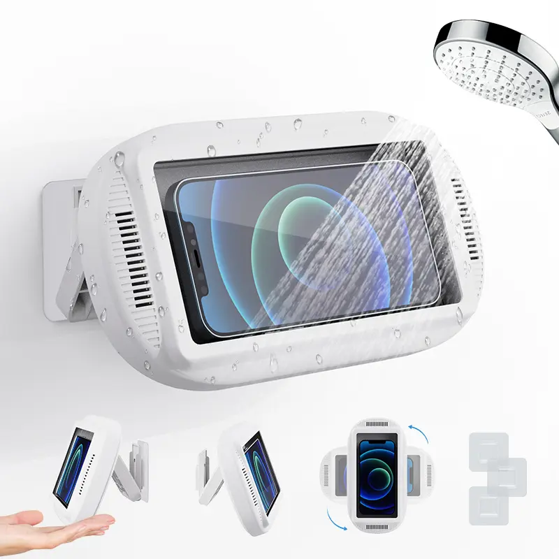 Waterproof Plastic Bathroom Cellphone Wall Mount Stand, 360° Rotatable Anti-Fog Case, Adjustable Responsive Full HD Touchscreen, Self-Adhesive Tool-Free Holder for 4-7 in iPhones Samsung Android (Shower, Bathing Movie Viewing), Shower View
