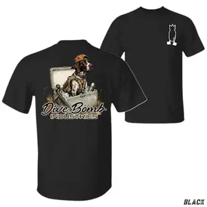 [Graphic Tee] Dive Bomb Industries Classic Soft Stylish Short-Sleeve Hunting T-Shirt – Unisex Casual Tee with Hunting Dog in Gear Box, Duck & Accessories Back Print, Small Chest Logo, Outdoor Hunting Theme, Gift for Hunters
