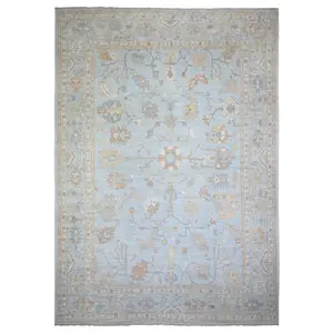 Aero Blue, Hand Knotted, Afghan Angora Oushak with All Over Floral Pattern, Natural Dyes Organic Wool, Oriental Rug (12'2"x17'2")