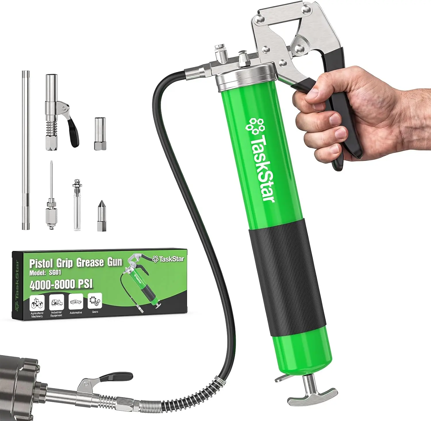 TaskStar Grease Gun Kit 8000 PSI Heavy Duty, 14 oz Capacity, 5 Grease Tips | Pistol Grip Grease Gun with 18" Flexible Hose, 6-Jaw Quick Release Coupler, for Tractor, Marine, Automotive & Heavy Equipment