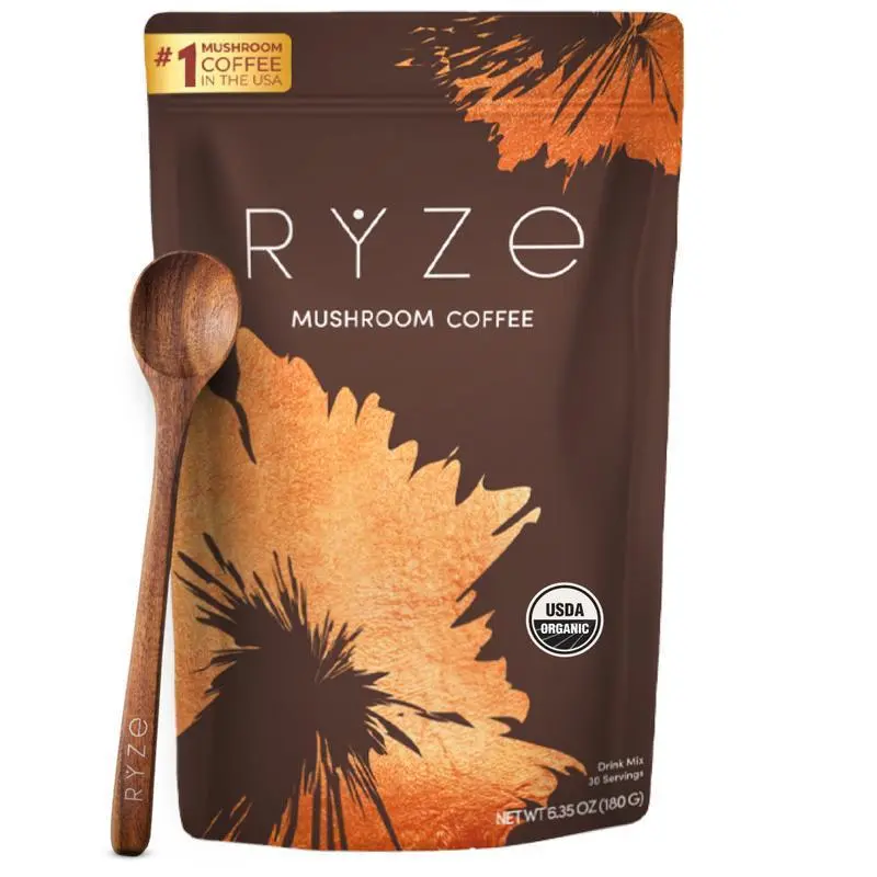 RYZE Mushroom Coffee USDA Organic with 6 Adaptogenic Mushrooms and MCT Oil LU USA Grown Instant Coffee for Better Energy, Focus, Digestion, Immunity with Turkey Tail, Shitake, Lion's Mane, 30 Servings Vitamin