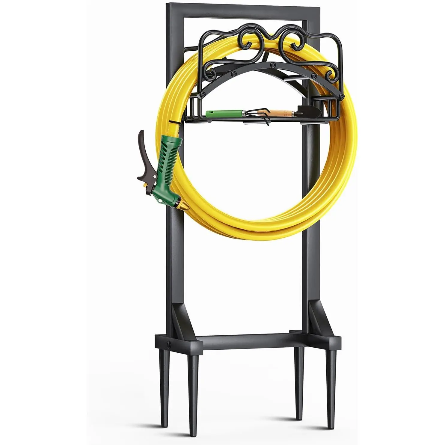 Garden Hose Holder, Heavy Duty Metal Water Hose Holder with 4 Spikes Outdoor Freestanding Hose Hanger Detachable Sturdy Hose Stand Holds 150- Hose, Garden Hose Storage Rack for Outside Yard Lawn